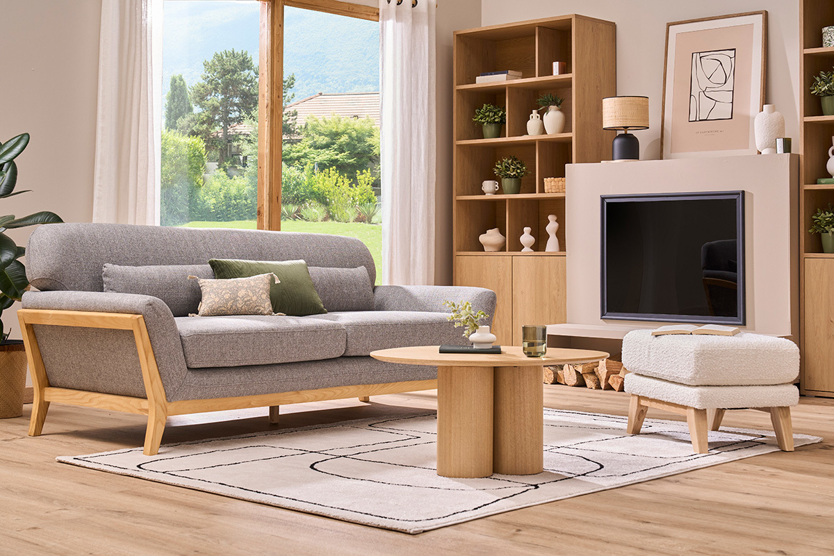 Sofa skandinavisch 3 Pltze Grau Holzbeine YOKO