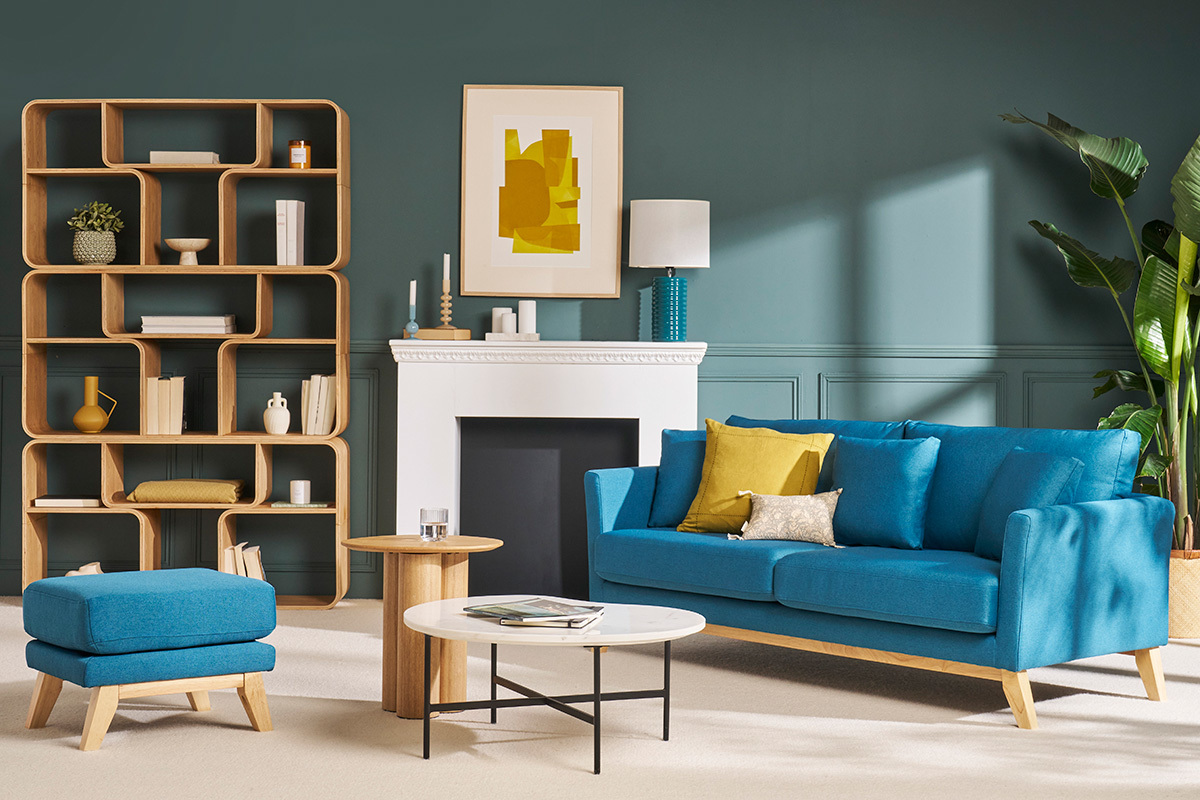 Sofa skandinavisch 3 Pltze Miliboo-Blau Holzbeine OSLO