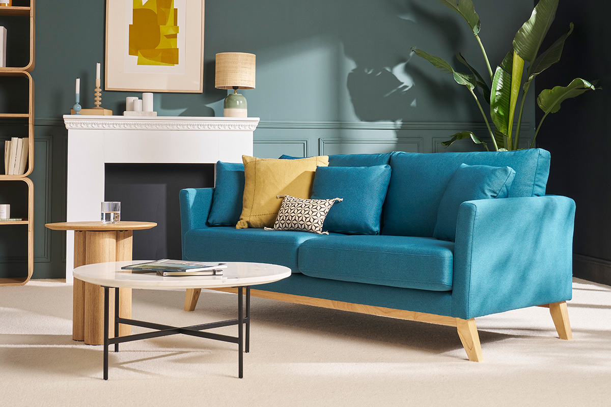 Sofa skandinavisch 3 Pltze Miliboo-Blau Holzbeine OSLO