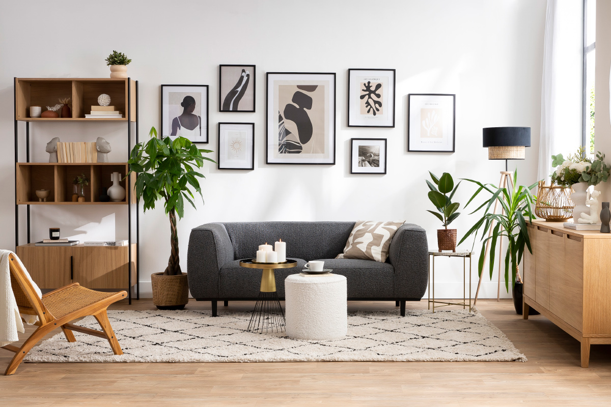 Sofa skandinavisch anthrazitgrauer Boucl-Stoff schwarz Fe 2/3-Sitzer MORRIS