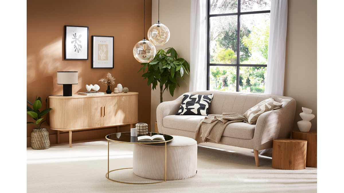 Sofa skandinavisch naturbeiger Stoff und Holz 3 Sitzer ISIS
