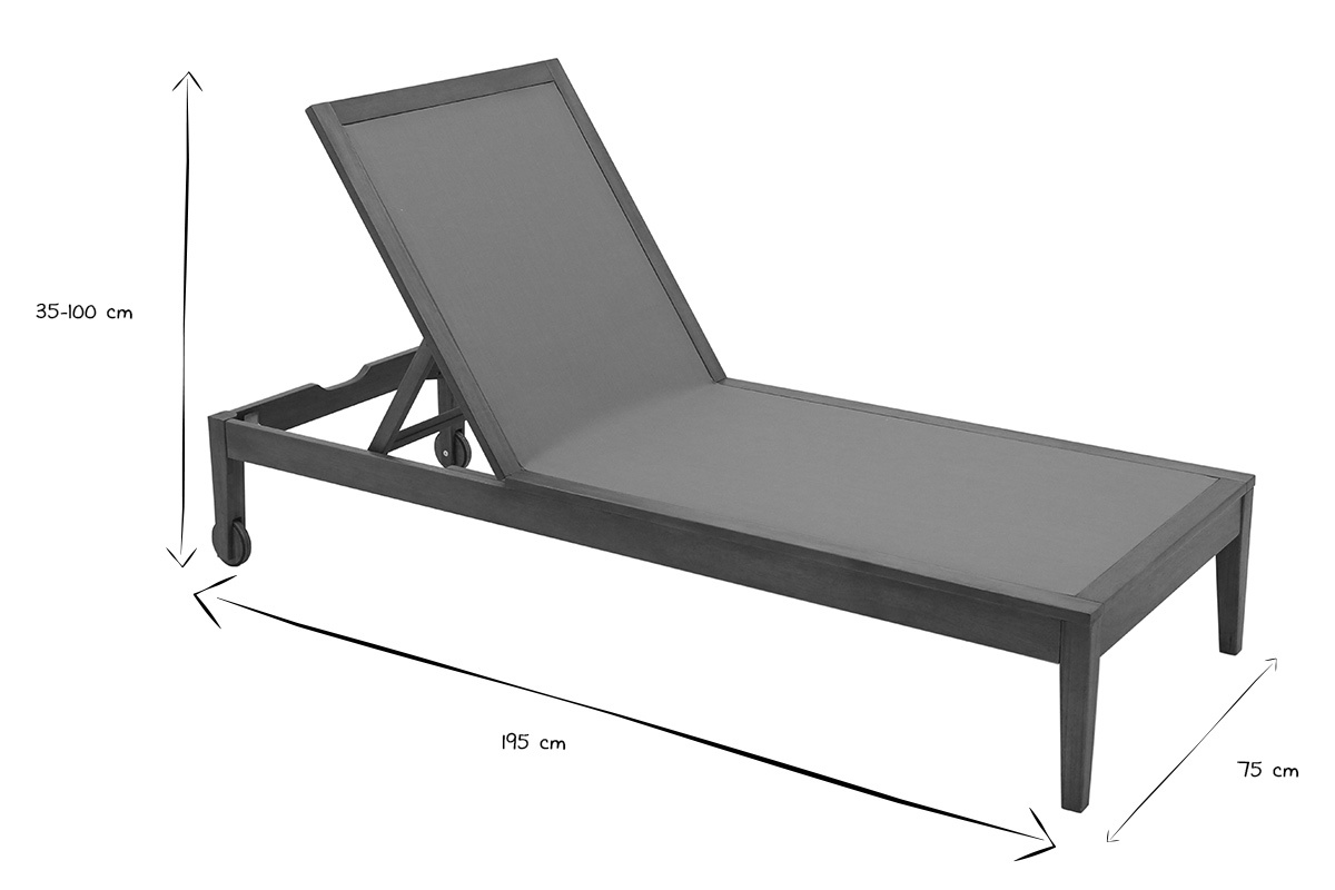 Abmessungen der Sonnenliegen in Schwarzwei�, L195 x B75 x H35-100 cm, Seitenansicht.