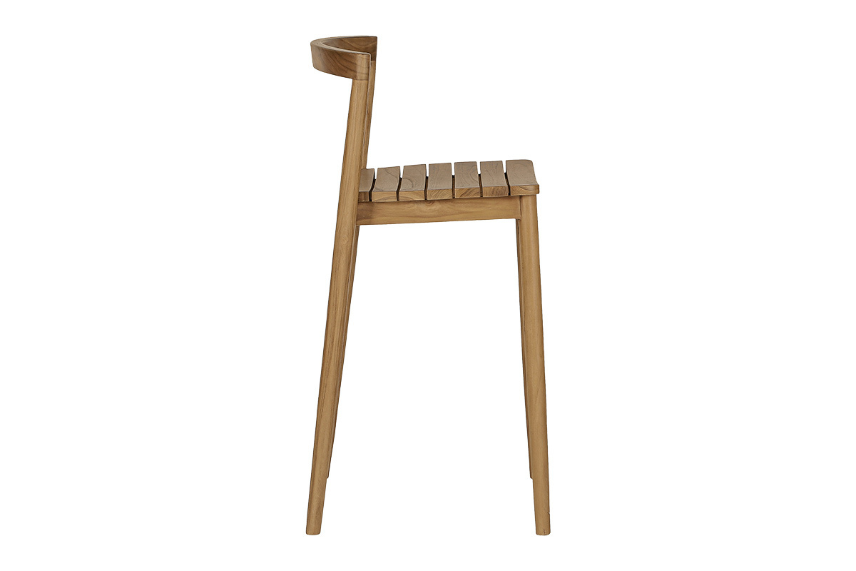 Gartenhocker aus massivem Teakholz, Seitenansicht, schlichtes und stapelbares Design.