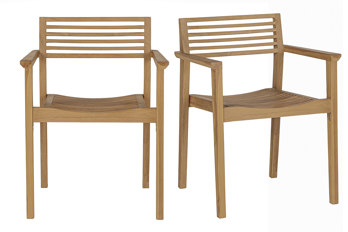Stapelbare Gartenst�hle aus massivem Teakholz, Vorderansicht, Set mit 2 St�ck.