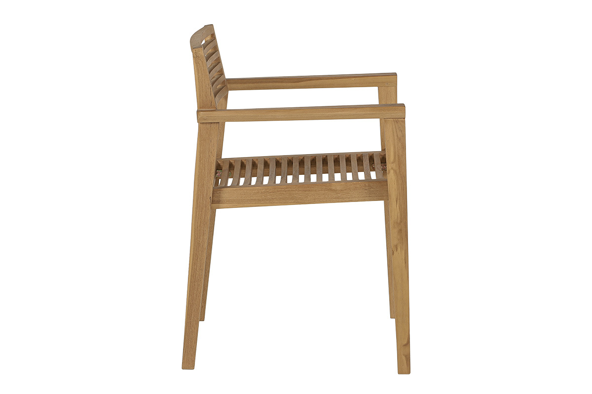 Gartenstuhl aus massivem Teakholz, Seitenansicht, mit Armlehnen und horizontalen Latten.