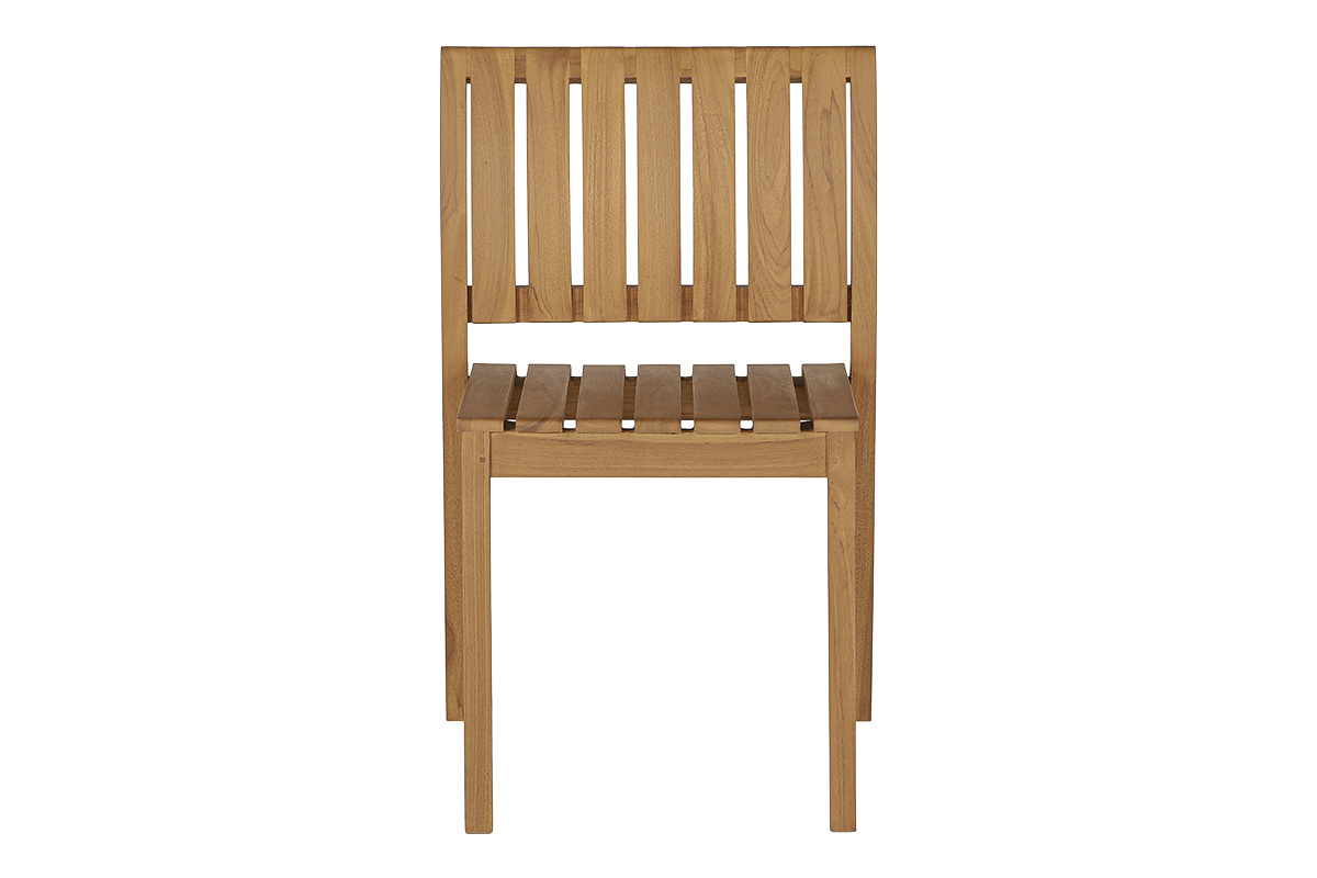 Gartenstuhl TECKA aus massivem Teakholz, Vorderansicht, klares Design ohne Armlehnen, stapelbar.