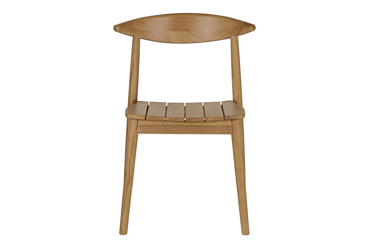 Stapelbarer Gartenstuhl aus massivem Teakholz, Frontansicht, klares Design, nat�rlicher Stil.