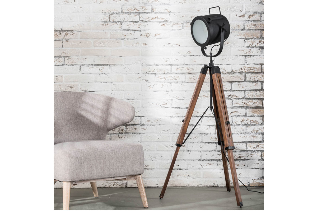 Stehleuchte Industrial Dreifu Holz und Metall Schwarz STUDIO