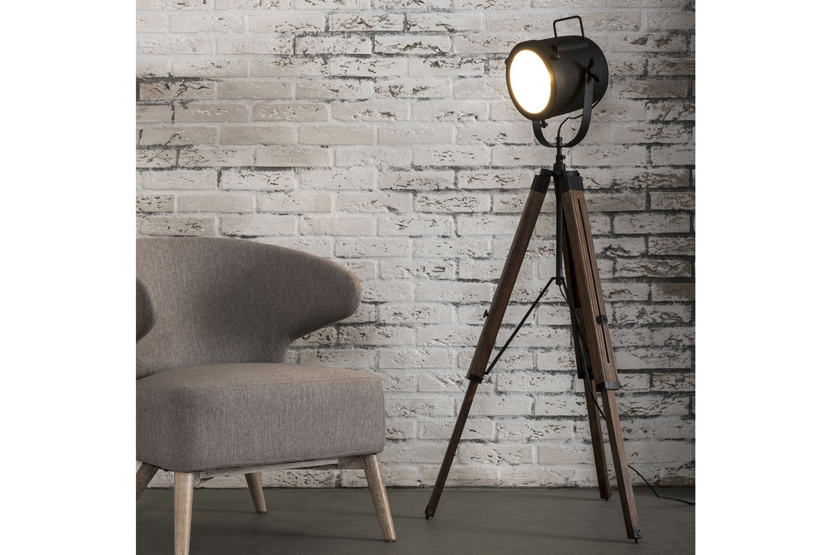 Stehleuchte Industrial Dreifu Holz und Metall Schwarz STUDIO