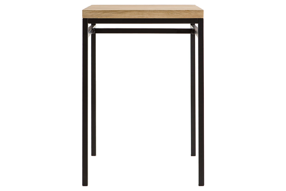 Quadratischer Stehtisch aus massivem Mangoholz und schwarzem Metall, Frontansicht.