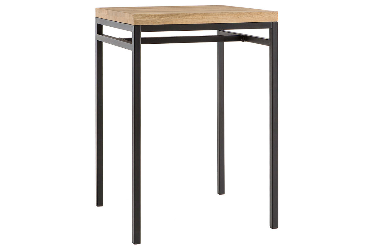 Quadratischer Stehtisch aus massivem Mangoholz und schwarzem Metall, 3/4-Ansicht.