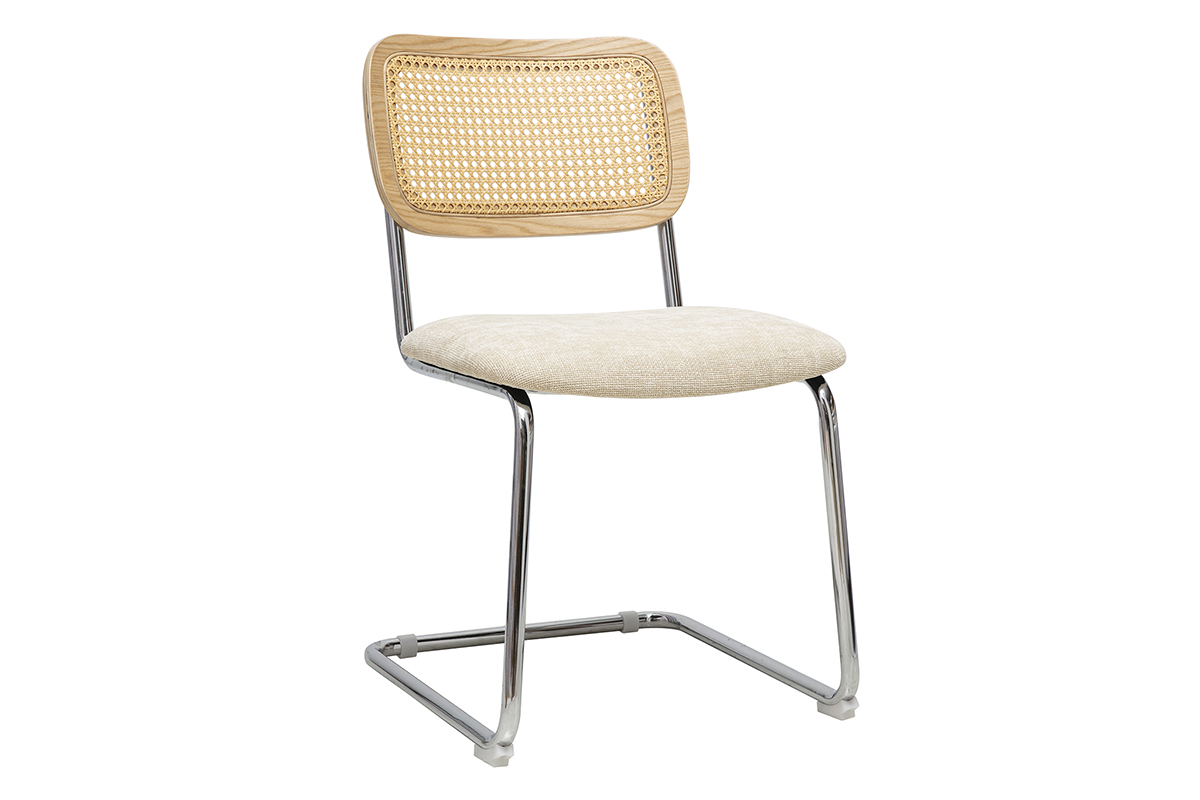 Designerstuhl mit Rattan-Korbgeflecht und verchromten Metallbeinen, Ansicht 3/4.