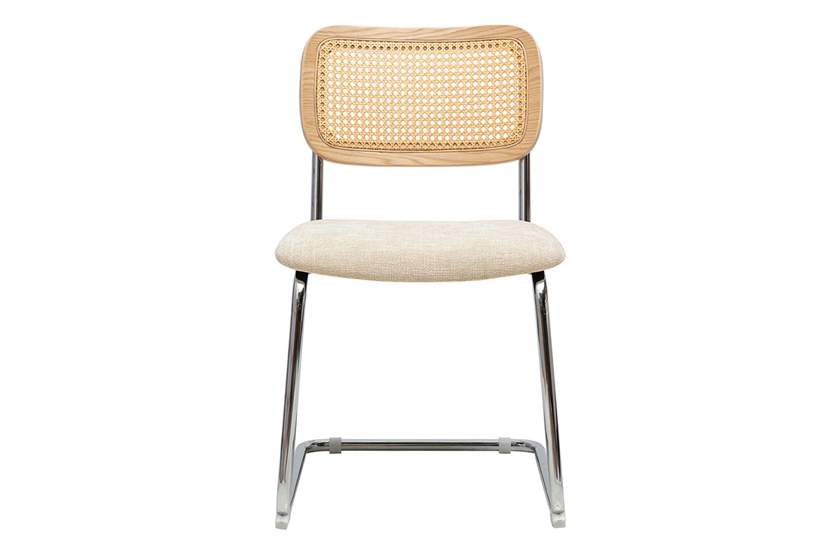 Stuhl mit Rckenlehne aus Rattan, beigem Stoff und verchromtem Gestell, Frontansicht.