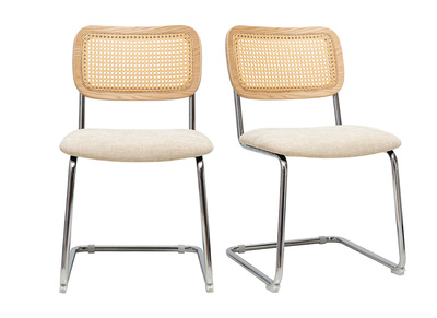 Stoffbezogene Designstühle in texturiertem Beige-Samt-Effekt, verchromtes Metall und Rattan-Geflecht (2er Set) ELECTRA