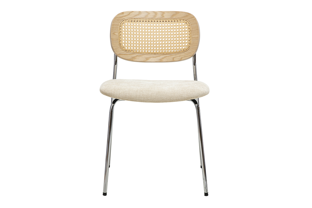 Stoffdesign-Sthle in beige Samtoptik, Chrommetall und Rattangeflecht (2er-Set) MIRANDA