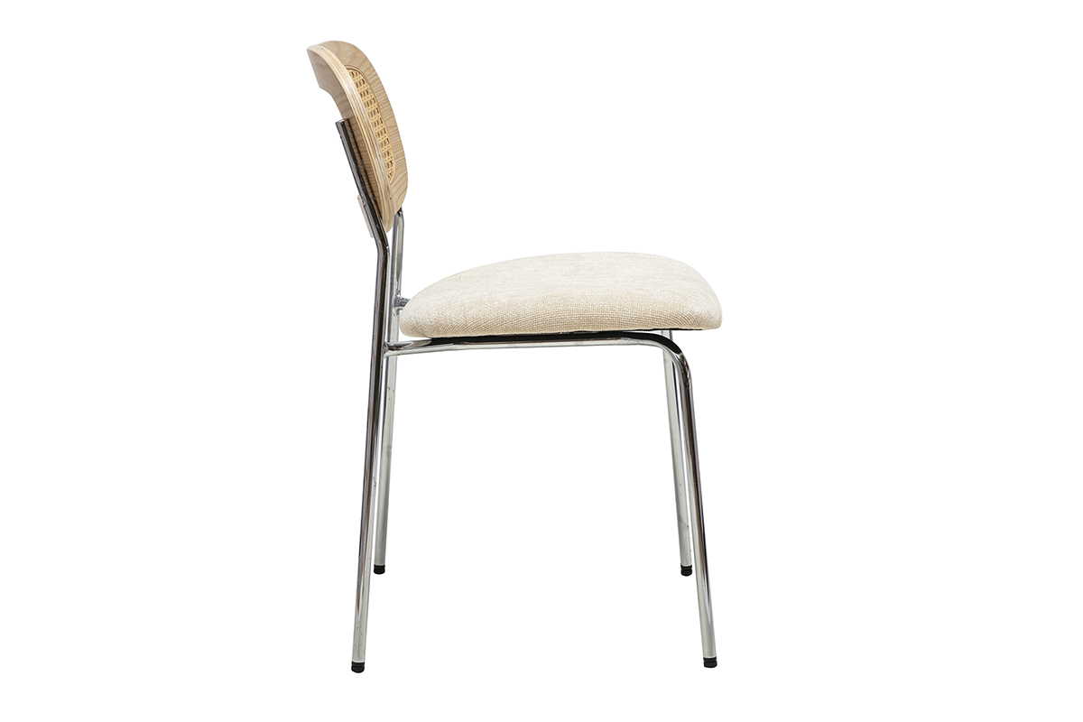 Stoffdesign-Sthle in beige Samtoptik, Chrommetall und Rattangeflecht (2er-Set) MIRANDA