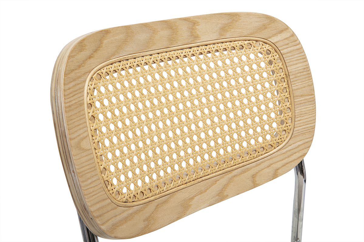 Stoffdesign-Sthle in beige Samtoptik, Chrommetall und Rattangeflecht (2er-Set) MIRANDA