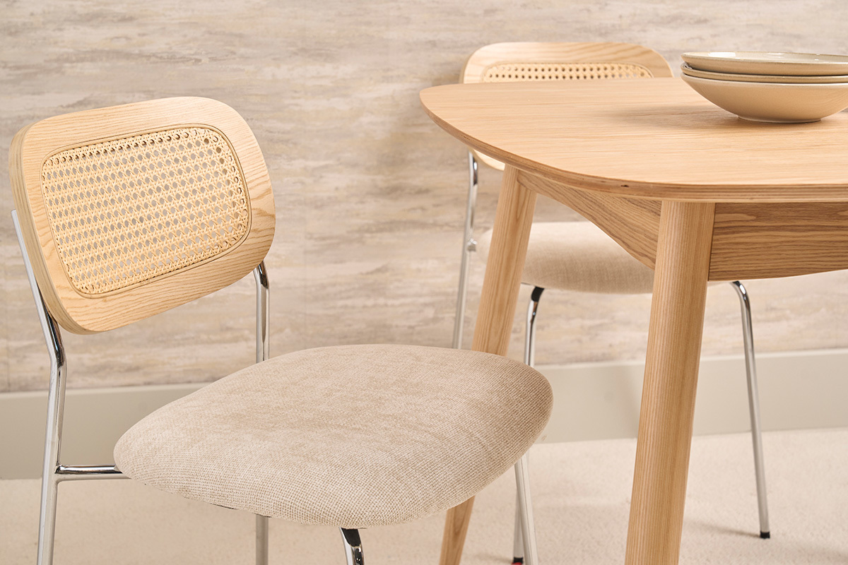 Stoffdesign-St�hle in beige Samtoptik, Chrommetall und Rattangeflecht (2er-Set) MIRANDA