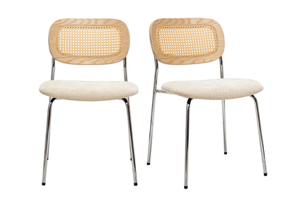 Stoffdesign-Stühle in beige Samtoptik, Chrommetall und Rattangeflecht (2er-Set) MIRANDA