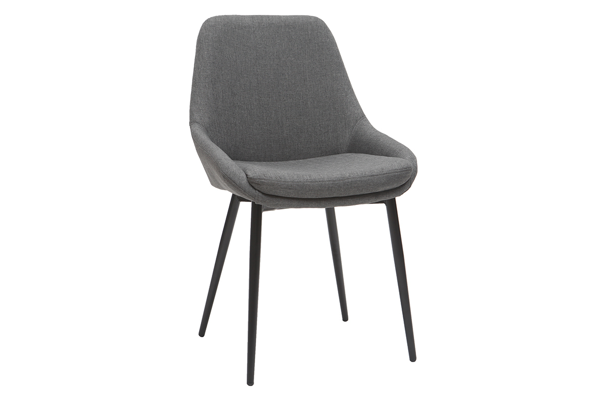 Designerstuhl aus grauem Stoff mit schwarzen Metallbeinen, 3/4 Ansicht.