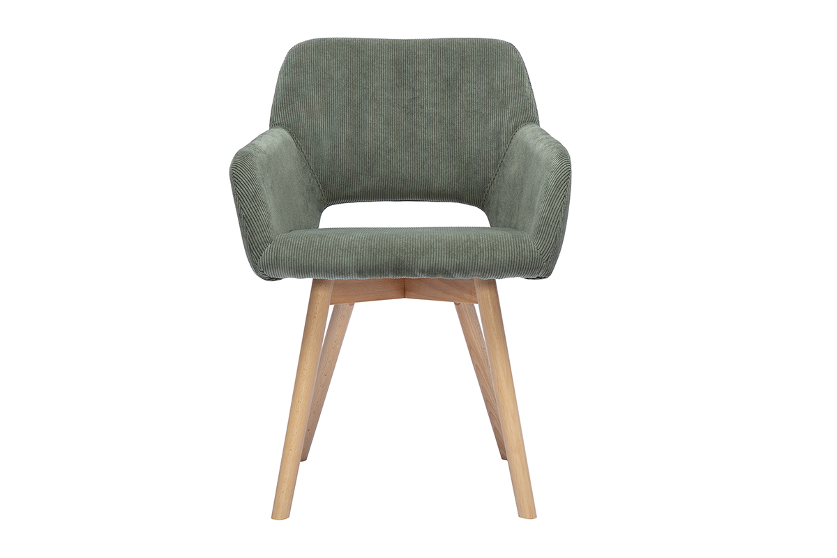 Stuhl aus gr�n-khaki Cordstoff und hellem Holz, Vorderansicht