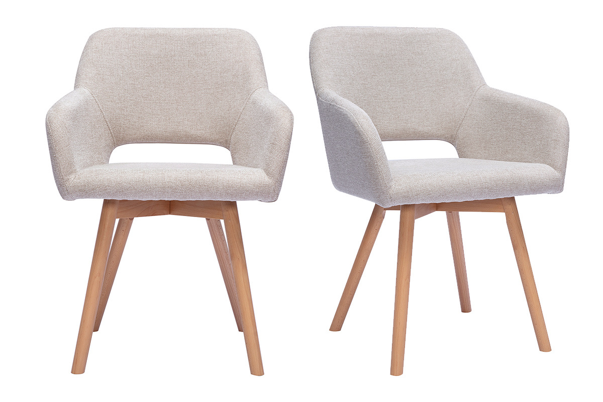 Set aus 2 St�hlen aus Stoff mit strukturierter Samtoptik in Beige und hellem Holz, Vorderansicht.
