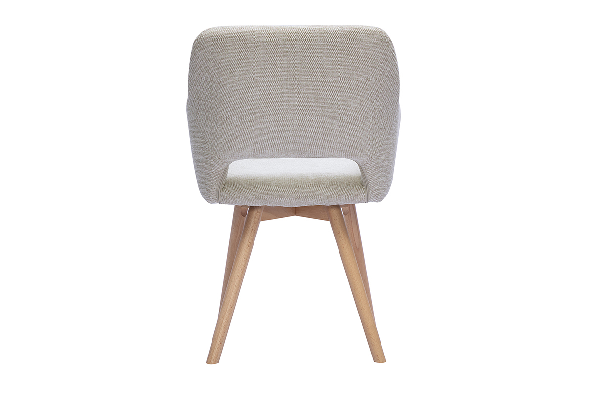 Stuhl aus Stoff mit strukturierter Samtoptik in Beige, von hinten gesehen mit hellen Holzbeinen.