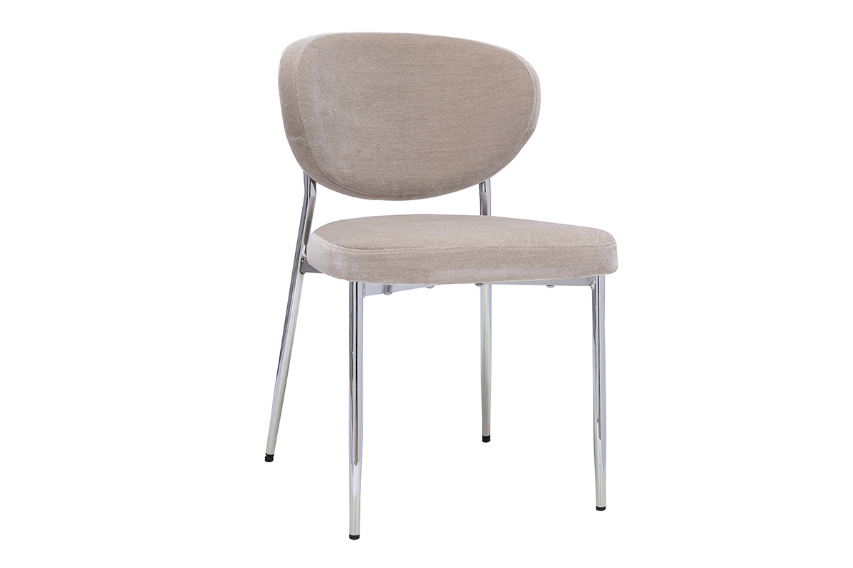 Stuhl aus Stoff in Taupe mit Samteffekt und verchromtem Metallgestell, 3/4-Ansicht.