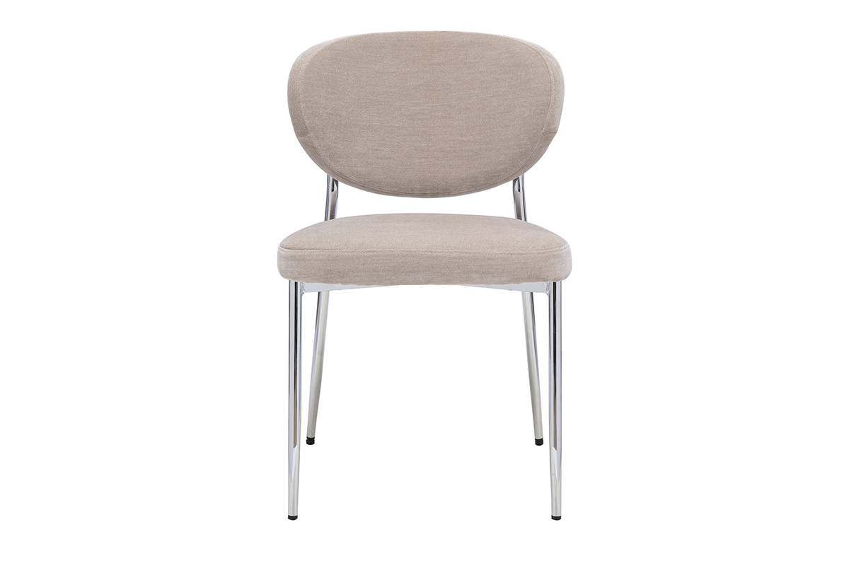 Stuhl aus Stoff mit Samteffekt in Taupe mit verchromtem Metallgestell, Vorderansicht.