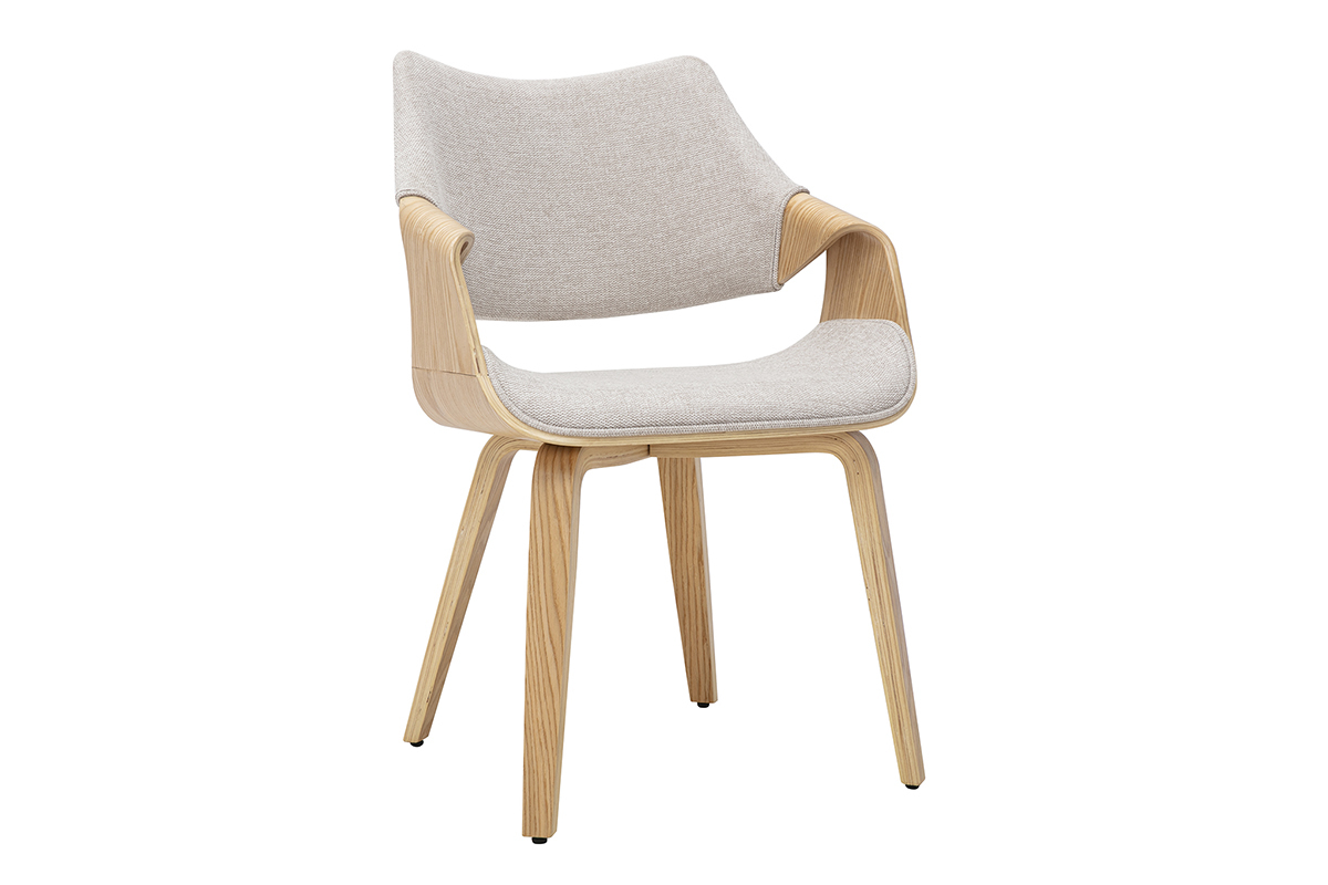 Stuhl SEVAN aus beigefarbenem Stoff mit Samteffekt und hellem Holz, 3/4-Ansicht