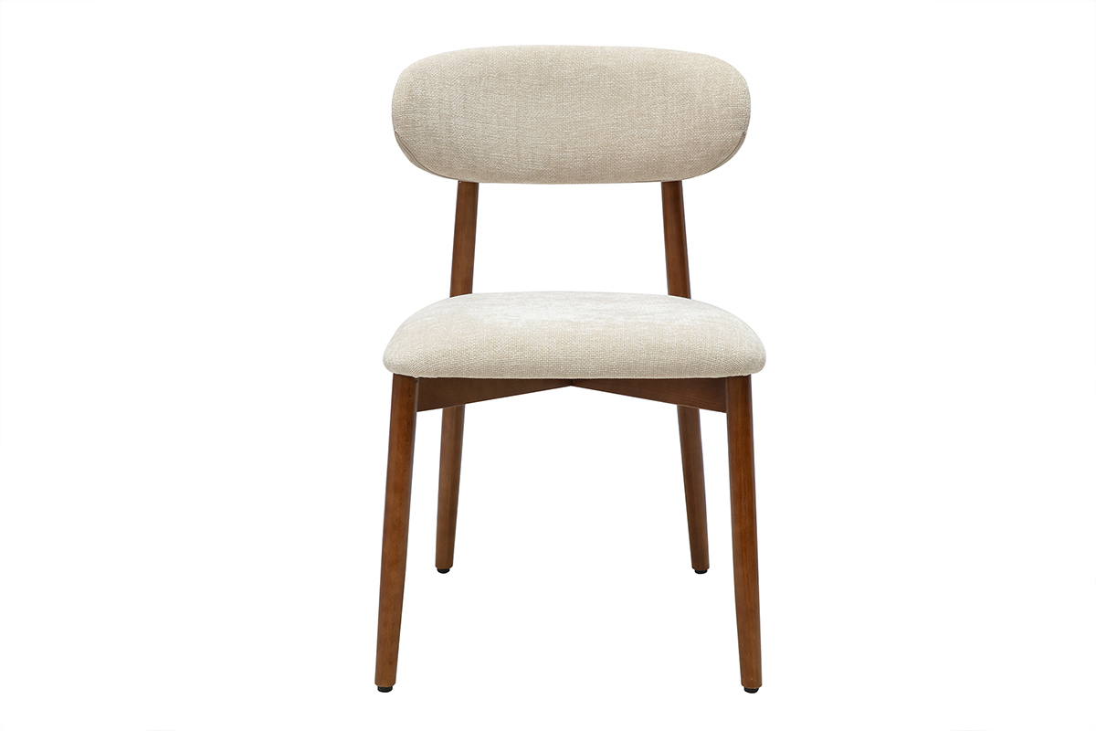 Designstuhl SIAME aus beigefarbenem Stoff und dunklem Holz, Vorderansicht