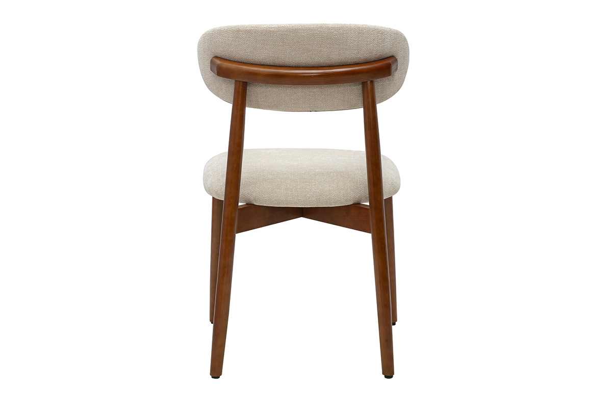SIAME-Stuhl in Beige aus Stoff mit Samteffekt, R�ckansicht, mit dunkler Holzstruktur.