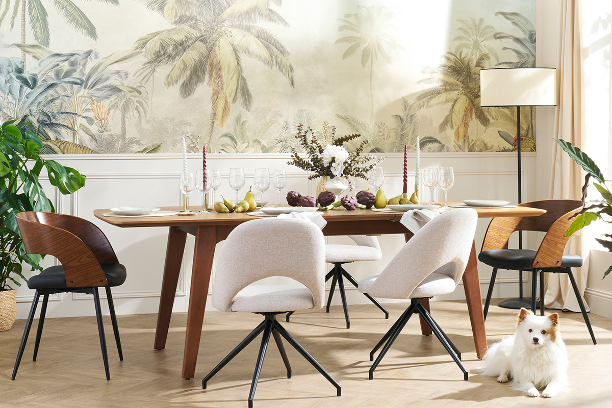 Stuhl aus beigem Stoff mit texturiertem Samteffekt und schwarzem Metall 360� drehbar COSETTE