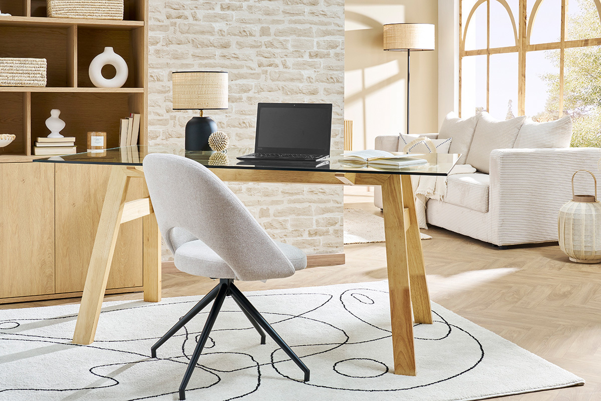 Stuhl aus beigem Stoff mit texturiertem Samteffekt und schwarzem Metall 360� drehbar COSETTE