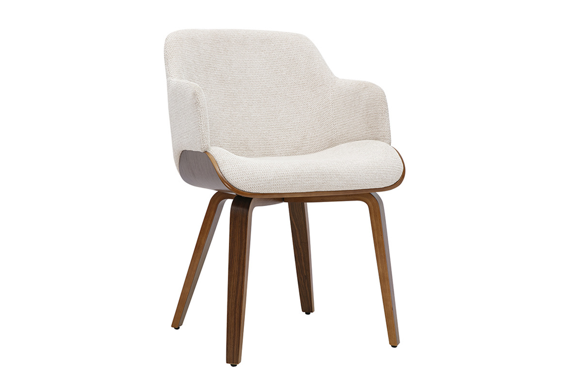 Stuhl EARL in beige Chenille-Stoff und dunklem Holz, Ansicht von 3/4.
