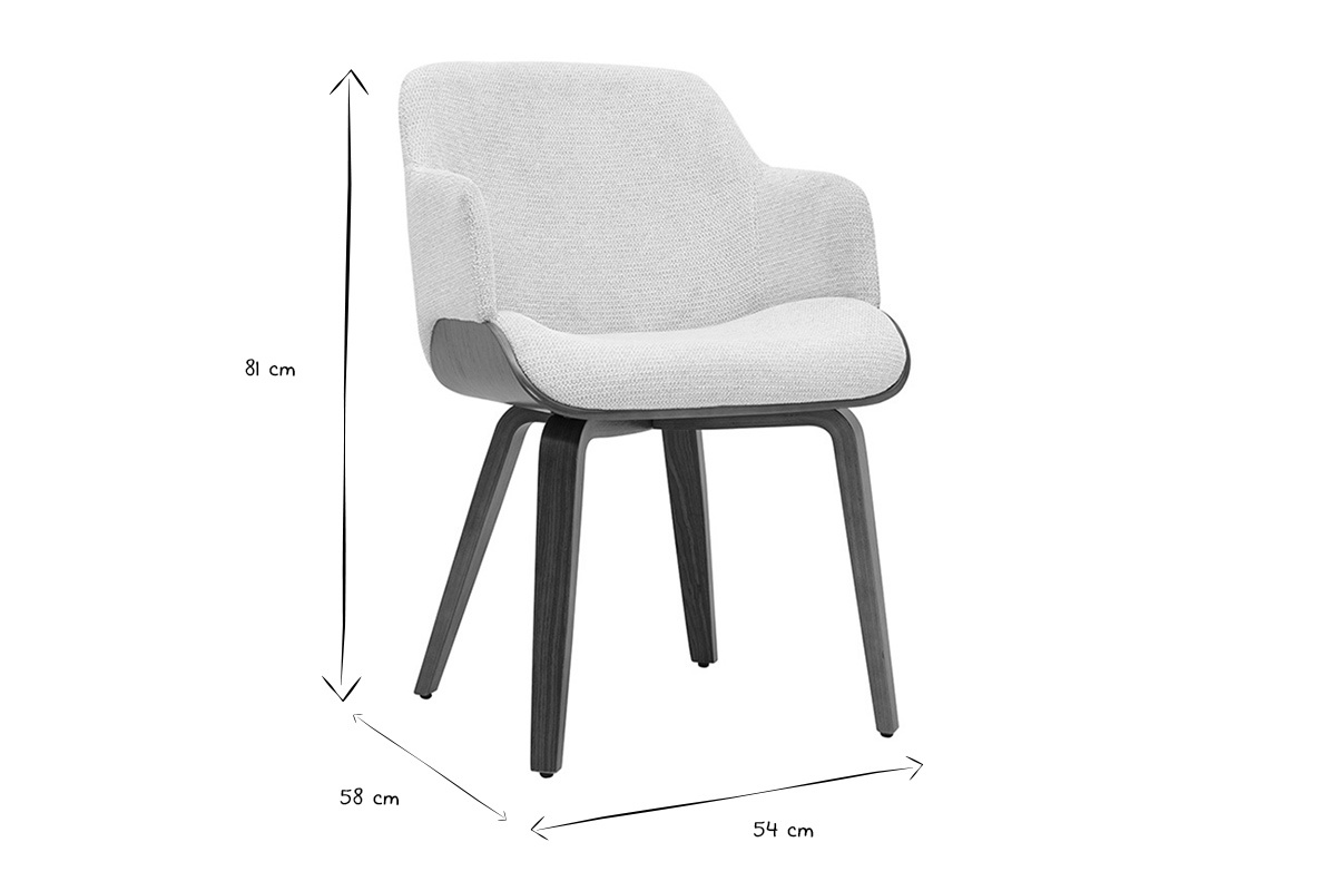 Stuhl aus beigem Chenille-Stoff und dunklem Holz EARL, Ma�e 81x58x54 cm, Dreiviertelansicht, schwarz und wei�.