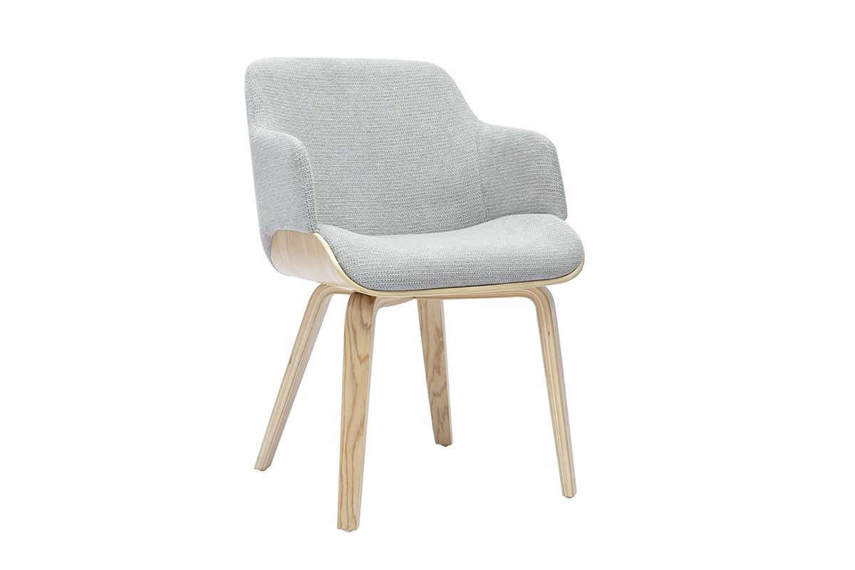 Stuhl EARL aus grauem Chenille-Stoff und hellem Holz, Ansicht von 3/4.