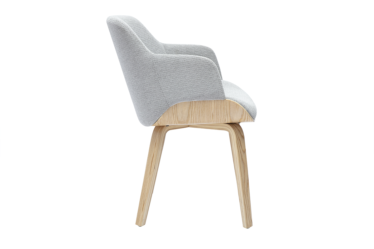 EARL-Stuhl in grauem Chenille-Stoff und hellem Holz, Seitenansicht.