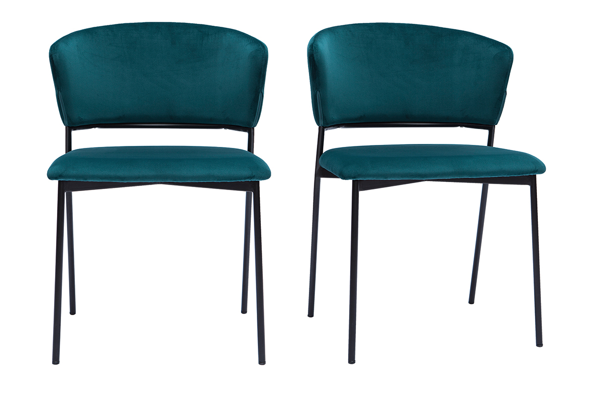 Stuhl aus petrolblauem Samt und schwarzem Metall (2er-Set) FELIZ