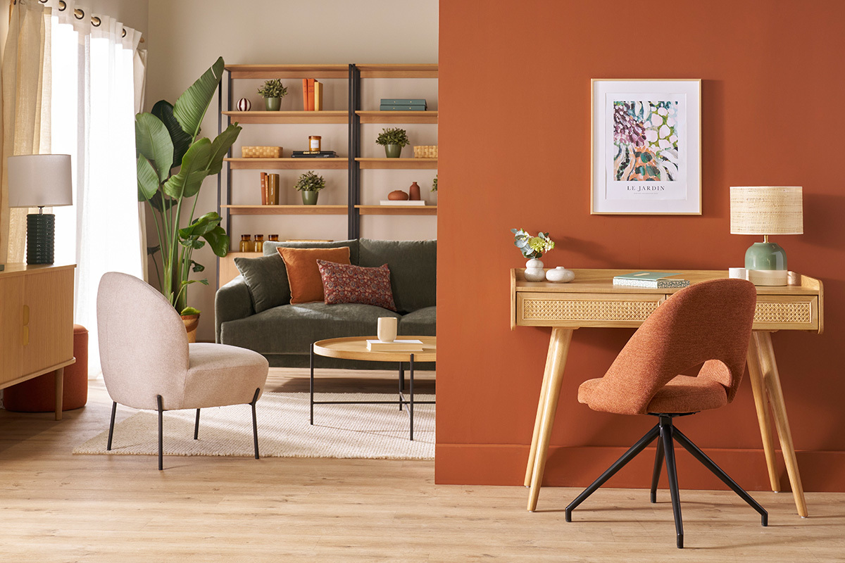 Stuhl aus rostbraunem Stoff mit texturiertem Samteffekt und schwarzem Metall 360� drehbar COSETTE