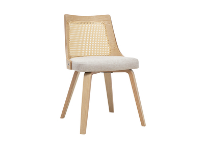Stuhl aus Stoff mit strukturierter Samtoptik, beige, helles Holz und Rattangeflecht GARBO