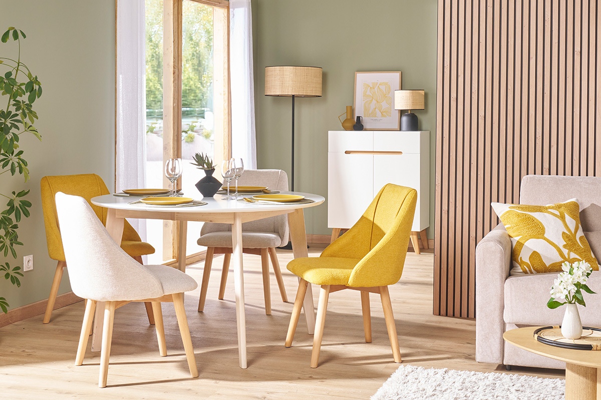 Stuhl mit Stoff in strukturiertem Samteffekt in Beige und hellem Holz (2er-Set) HIGGINS