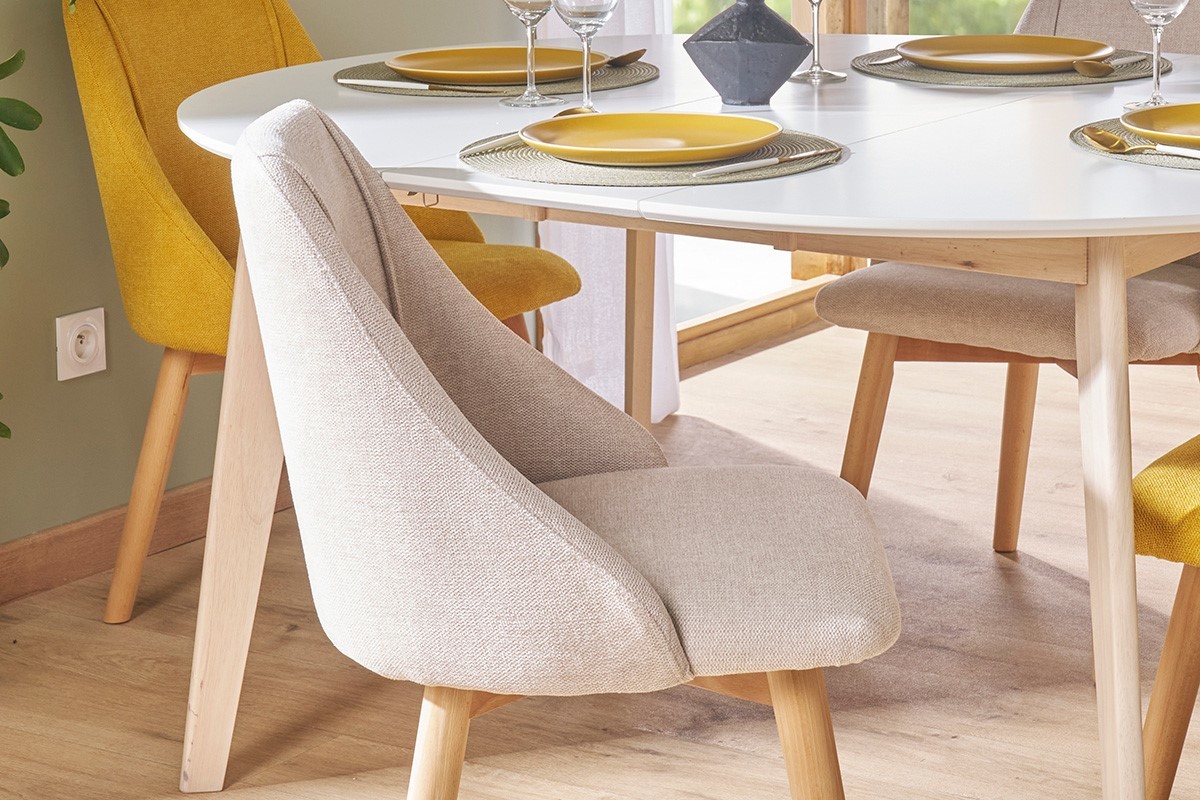 Stuhl mit Stoff in strukturiertem Samteffekt in Beige und hellem Holz (2er-Set) HIGGINS