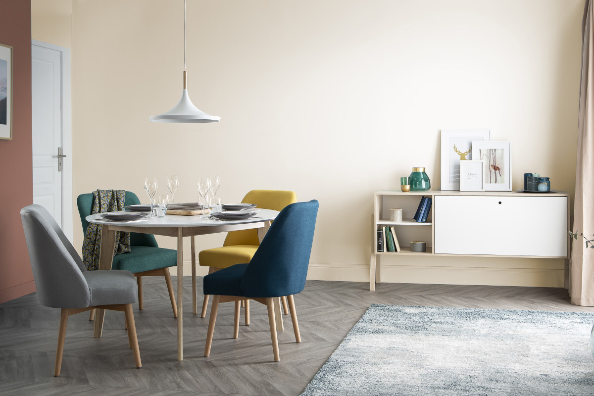 Stuhl skandinavisch Stoff Grau Beine Holz hell LIV
