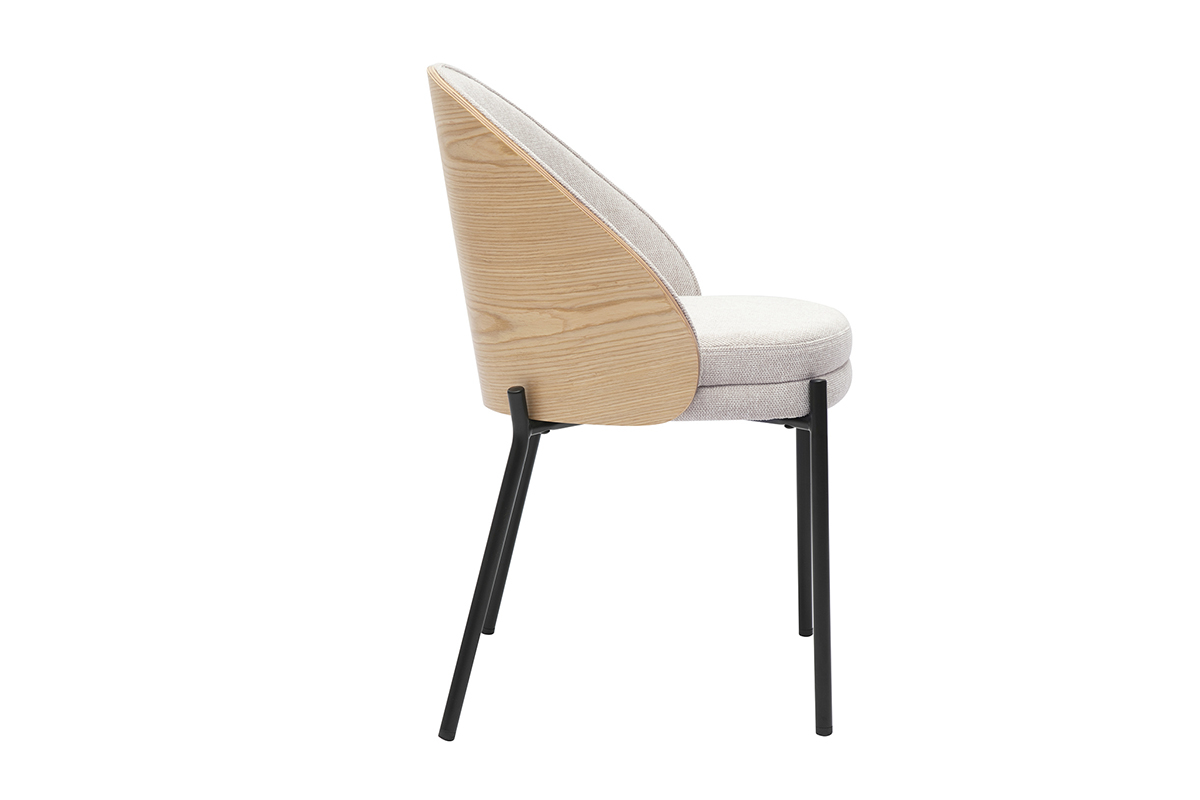 Beiger Samtstoffstuhl, Seitenansicht, helles Holzr�cken, schwarze Metallbeine.