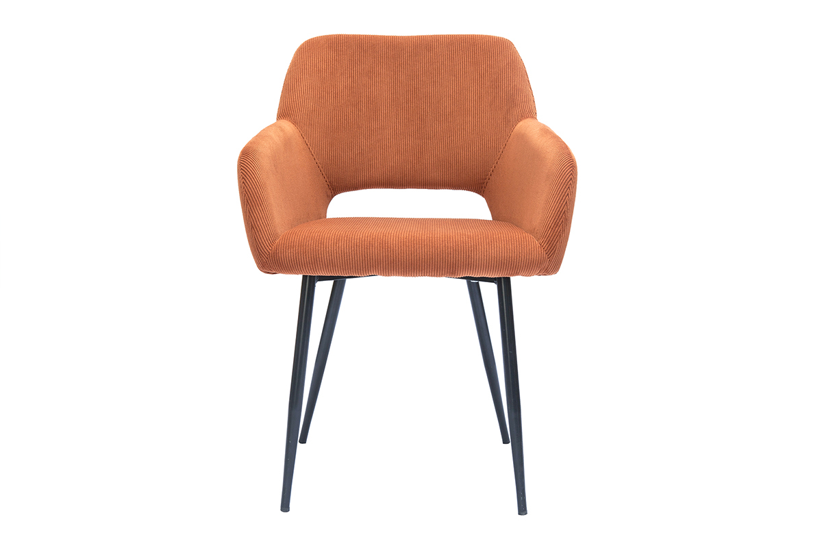Stuhl aus Cord in verbrannter Erde mit schwarzem Metallgestell, Frontansicht.