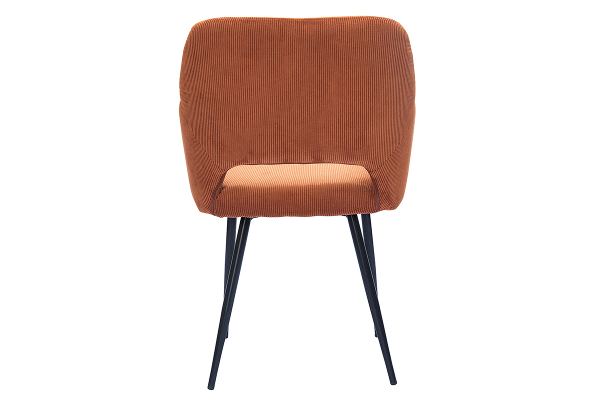 Stuhl aus Cord in verbrannter Erdefarbe mit schwarzen Metallbeinen, R�ckansicht.