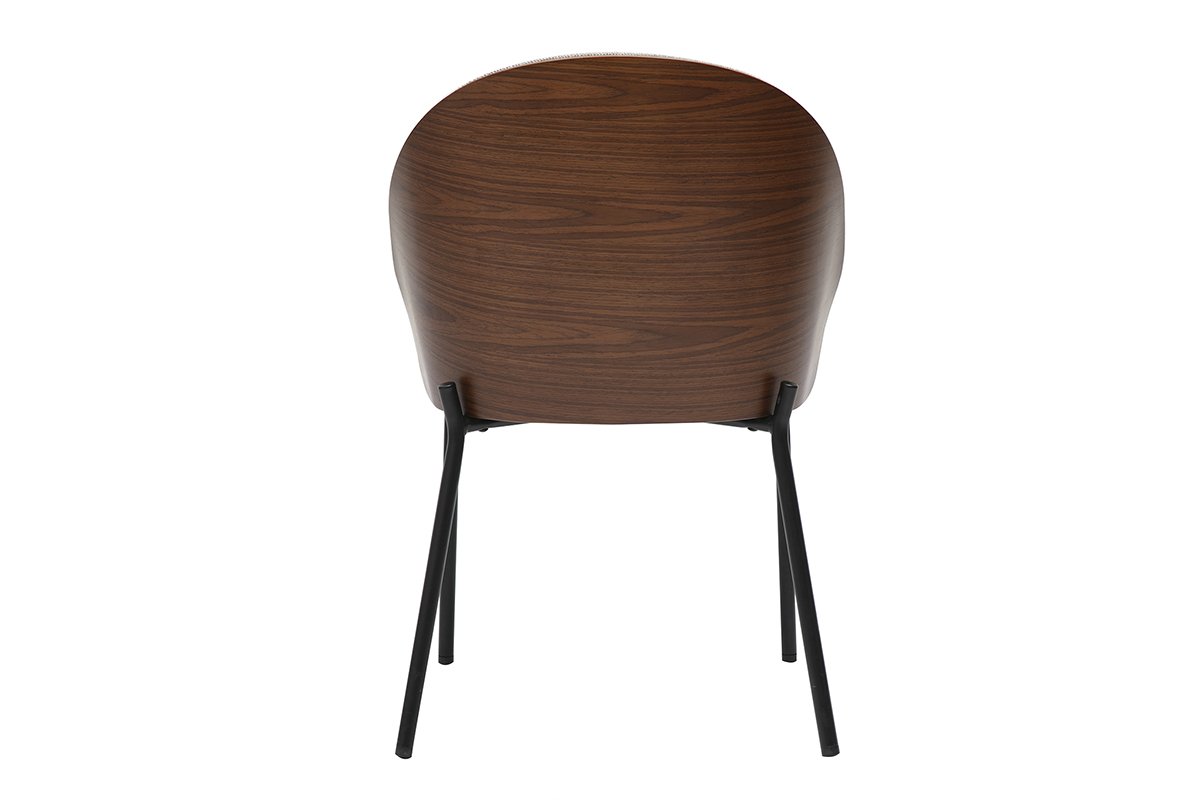 R�ckansicht eines dunklen Holzstuhls mit schwarzem Metall, abgerundete R�ckenlehne.