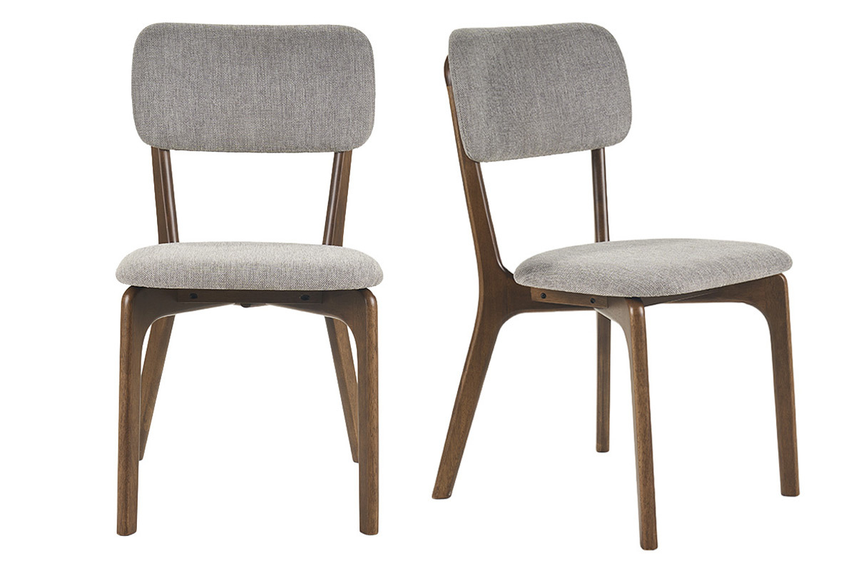 Zwei St�hle aus grauem Stoff und dunklem Holz, von vorne und im Profil.