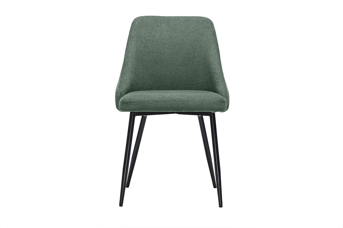 Stuhl aus gr�nem Khaki-Chenille-Stoff mit schwarzem Metallgestell, Vorderansicht.
